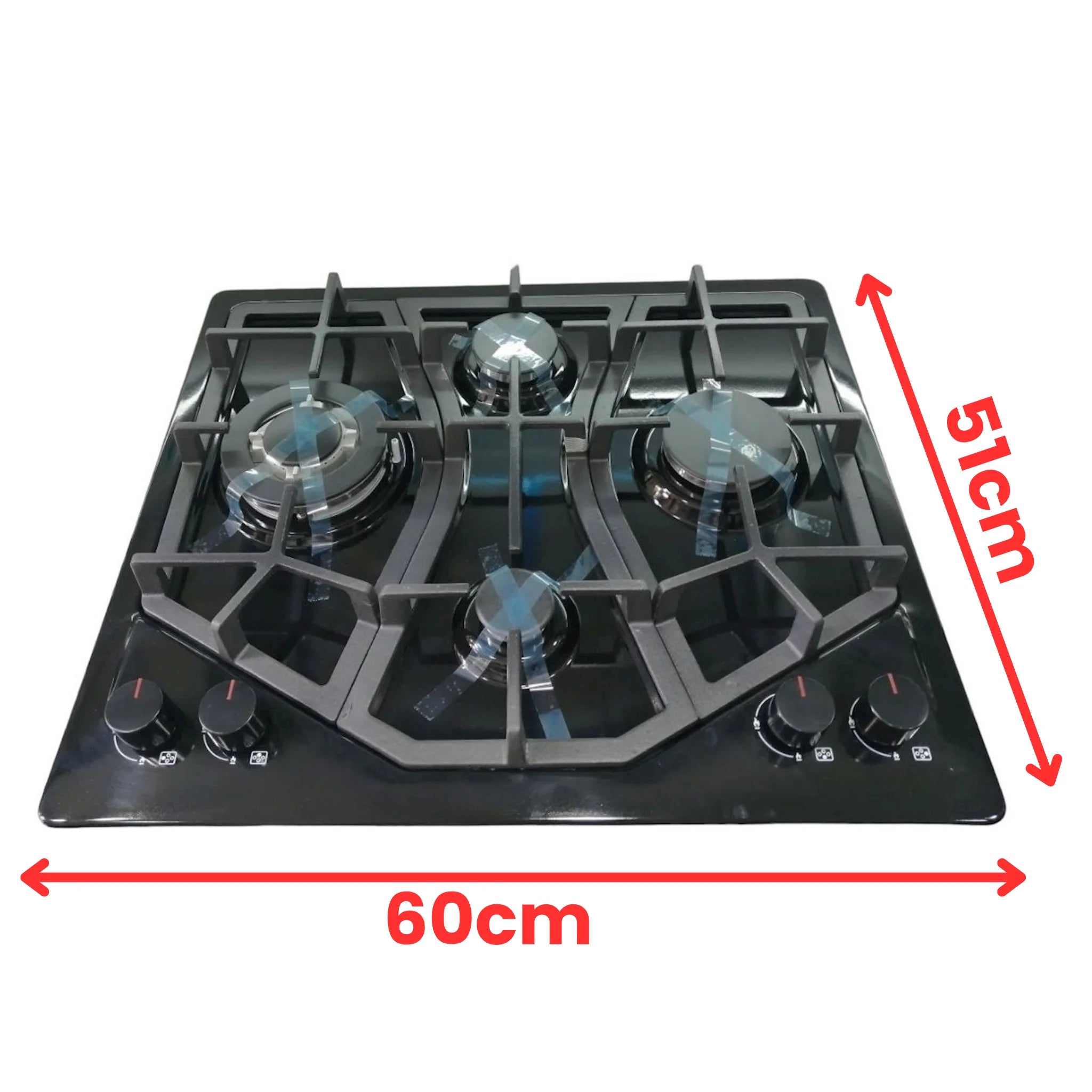 Plaque de Cuisson à Gaz 4 Feux – Verre Noir – Commandes Frontales