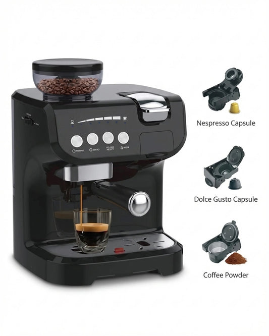 Machine à café expresso multifonction avec broyeur – Compatible capsules Nespresso, Dolce Gusto et café moulu