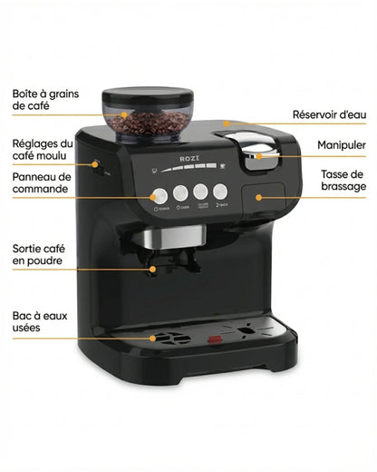 Machine à café expresso multifonction avec broyeur – Compatible capsules Nespresso, Dolce Gusto et café moulu