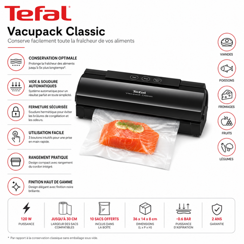 Machine Sous Vide Tefal Vacupack Classic – Soudeuse Alimentaire Automatique 120W