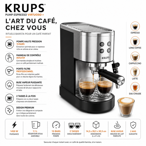 Machine à Café Expresso KRUPS Virtuoso+ 15 Bars – 1450W avec Buse Vapeur Professionnelle