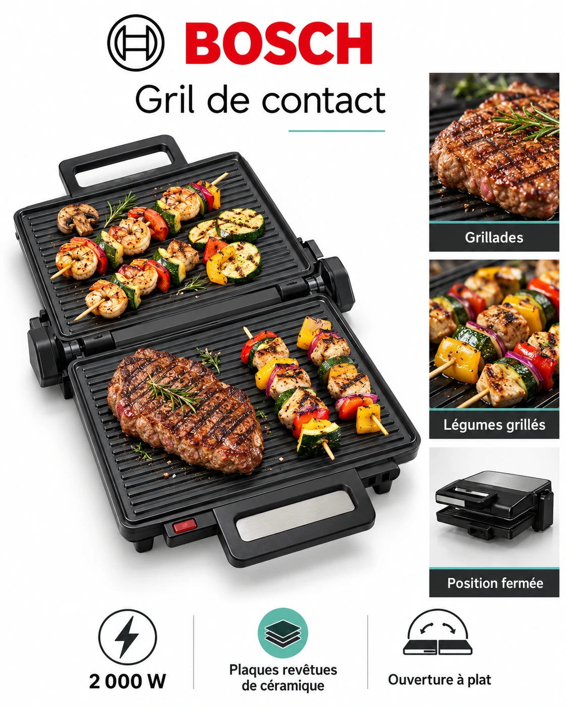 Bosch Contact Grill 2000W – Grill Électrique Multifonction, Plaques Céramiques, Panini & Barbecue