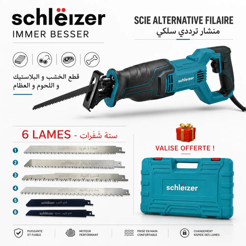Scie Alternative Filaire Schleizer 950W – Coupe Bois, Plastique & Métal – 6 Lames + Valise Offerte