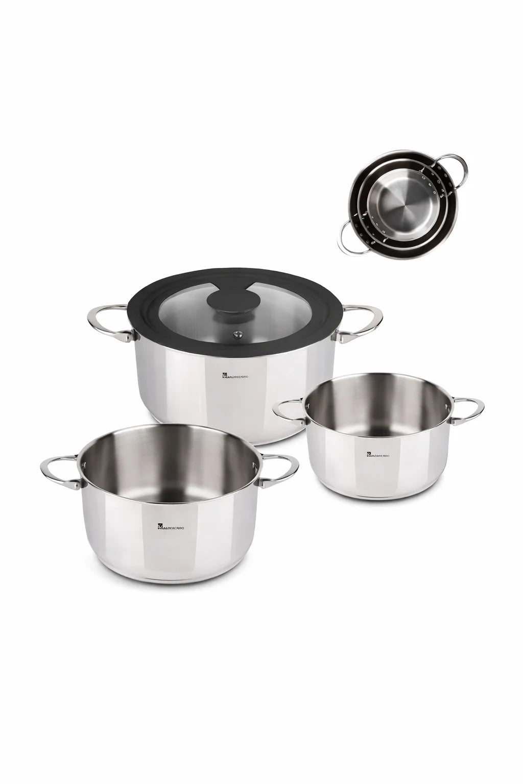 Batterie de Cuisine Inox Masterpro Foodies – 3 Casseroles Ø16, Ø20 & Ø24 cm + Couvercle – Tous Feux