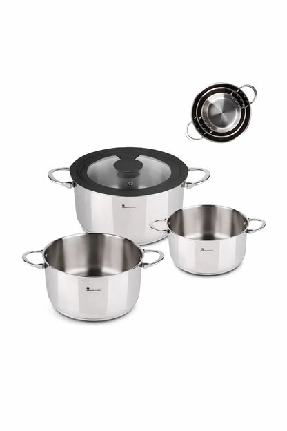 Batterie de Cuisine Inox Masterpro Foodies – 3 Casseroles Ø16, Ø20 & Ø24 cm + Couvercle – Tous Feux