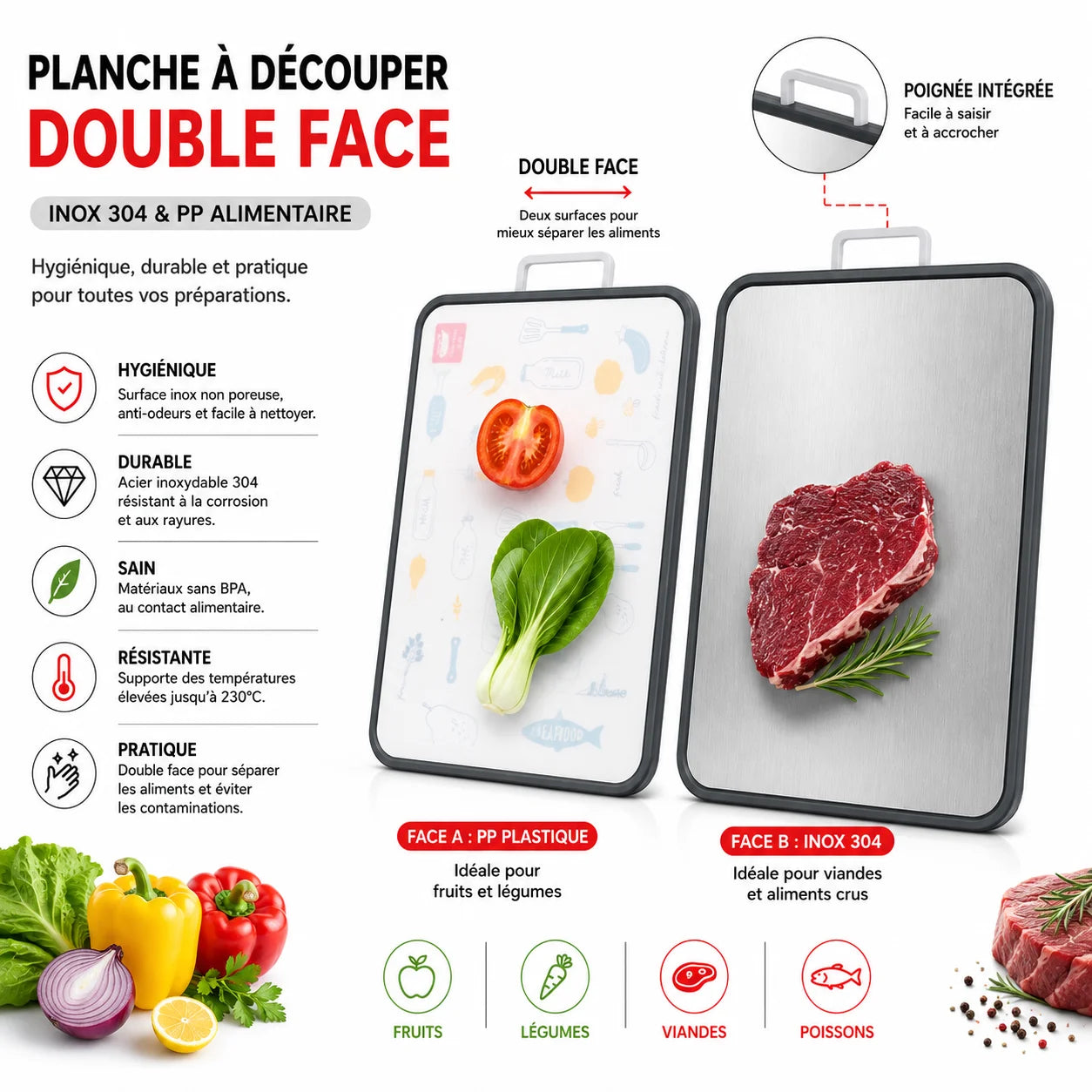 Planche à Découper Double Face Inox 304 & PP Alimentaire – Planche Hygiénique Réversible pour Cuisine