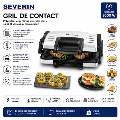 Grill de Contact Severin 1800W – Grill Panini & Barbecue Électrique Ouverture 180°
