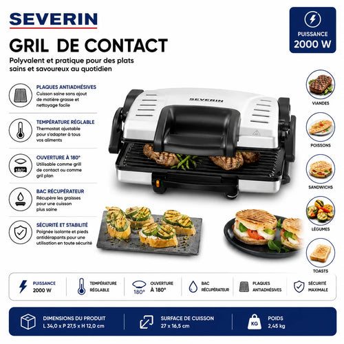 Grill de Contact Severin 1800W – Grill Panini & Barbecue Électrique Ouverture 180°