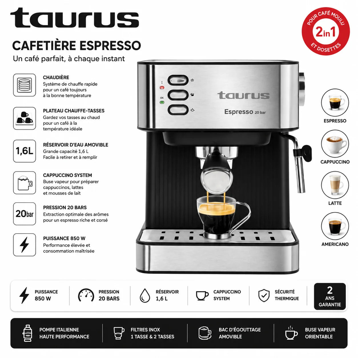 Machine à Café Expresso Taurus 20 Bars – Cappuccino, Latte & Americano avec Buse Vapeur