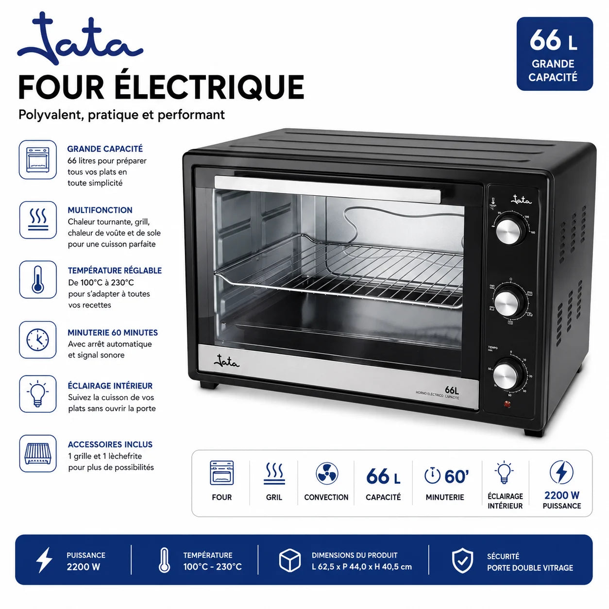 Four Électrique Tata 66 Litres 2200W – Chaleur Tournante, Grill & Convection
