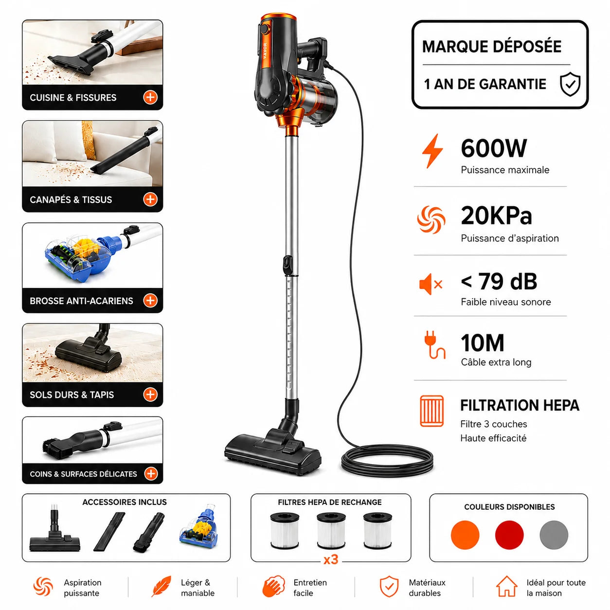 Aspirateur Balai Kalor Original 600W avec Câble 10M, Filtres x3