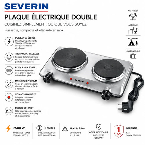 Plaque Électrique Double Severin 2500W – Réchaud Électrique 2 Foyers Inox