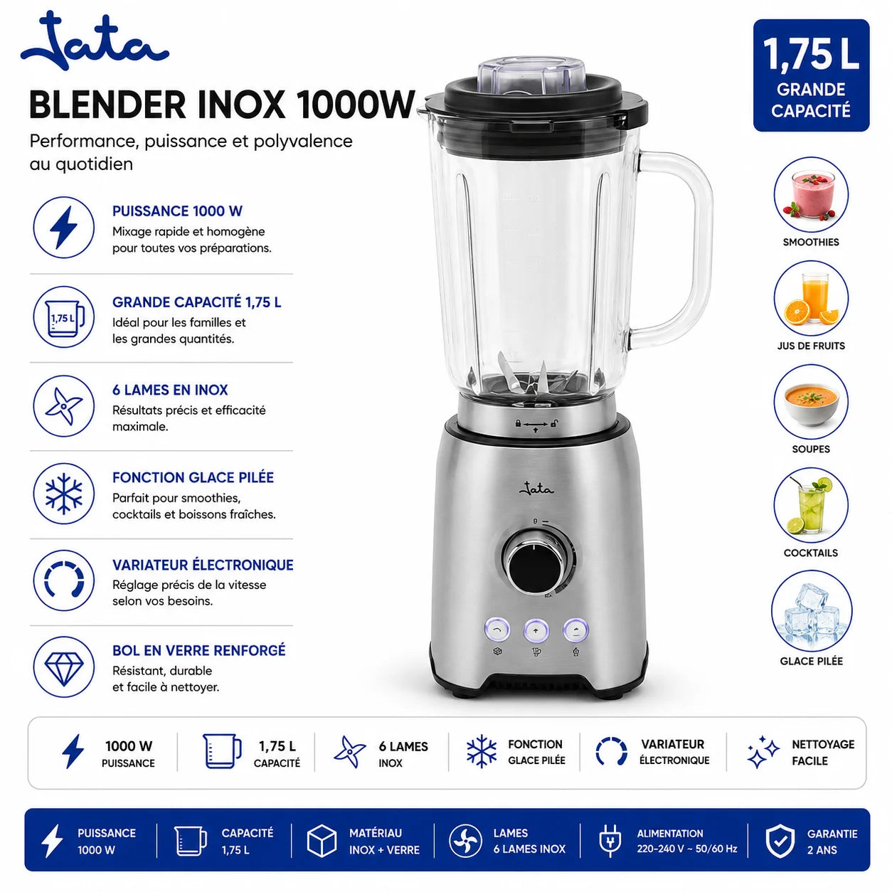Blender Inox Tata 1000W 1,75L – Mixeur Multifonction Verre Renforcé 6 Lames Inox