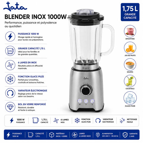 Blender Inox Tata 1000W 1,75L – Mixeur Multifonction Verre Renforcé 6 Lames Inox