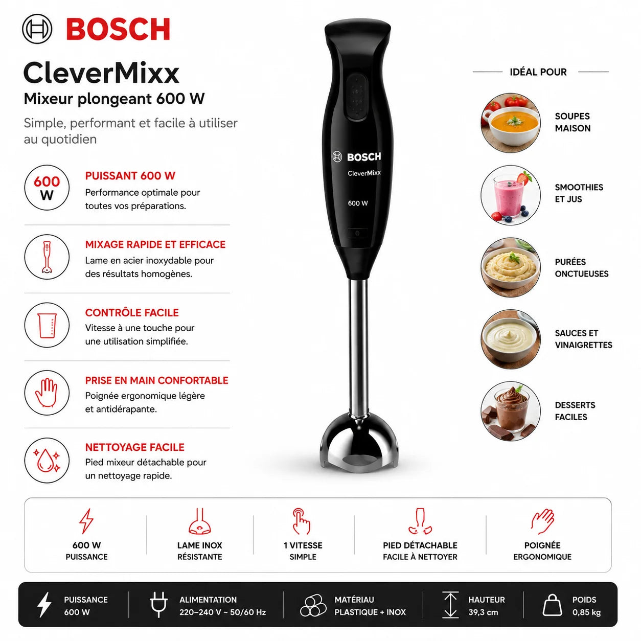 Bosch CleverMixx 600W – Mixeur Plongeant Électrique avec Lame Inox