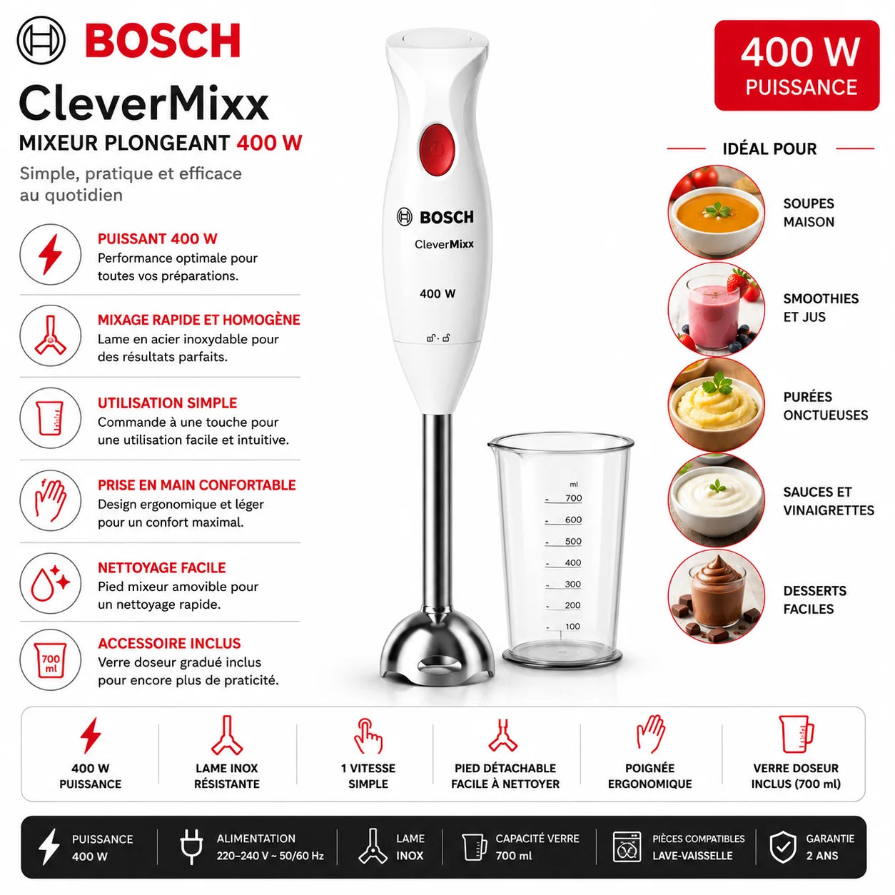 Bosch CleverMixx 400W – Mixeur Plongeant avec Verre Doseur 700 ml