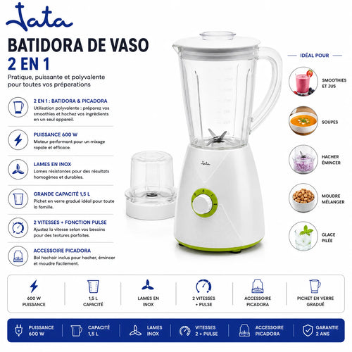 Blender & Hachoir Tata 2 en 1 600W – Blender Verre 1,5L avec Moulin Hachoir