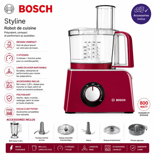 Robot de Cuisine Bosch Styline 800W Multifonction – Mixeur, Pétrin, Râpe & Presse-Agrumes