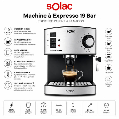 Machine Expresso Solac 19 Bars – Cafetière Expresso avec Buse Vapeur et Réservoir 1,6L