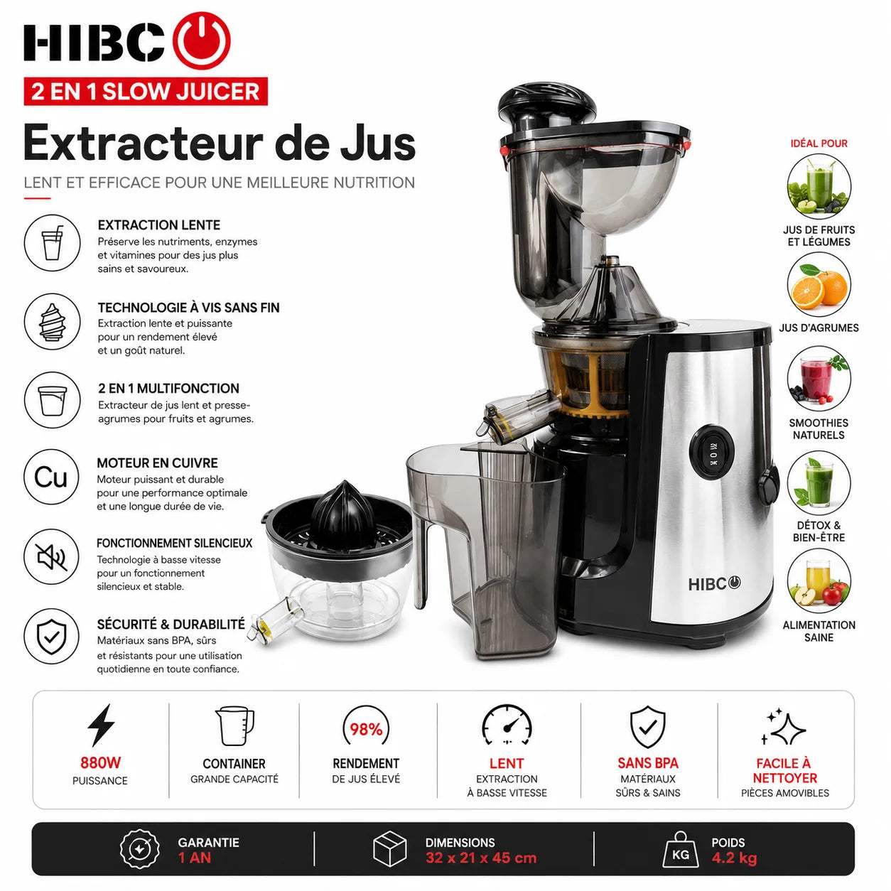 Extracteur de Jus Lent HIBO 2 en 1 880W – Slow Juicer & Presse-Agrumes Multifonction