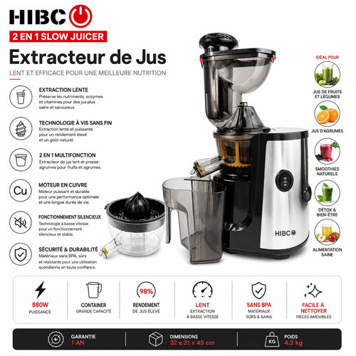 Extracteur de Jus Lent HIBO 2 en 1 880W – Slow Juicer & Presse-Agrumes Multifonction