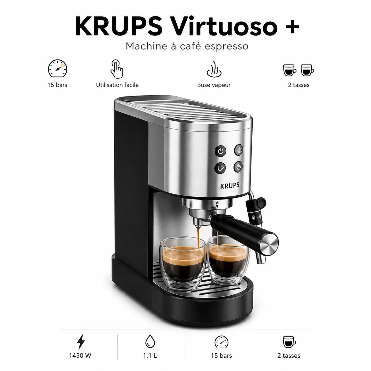 Machine à Café Expresso KRUPS Virtuoso+ 15 Bars – 1450W avec Buse Vapeur Professionnelle