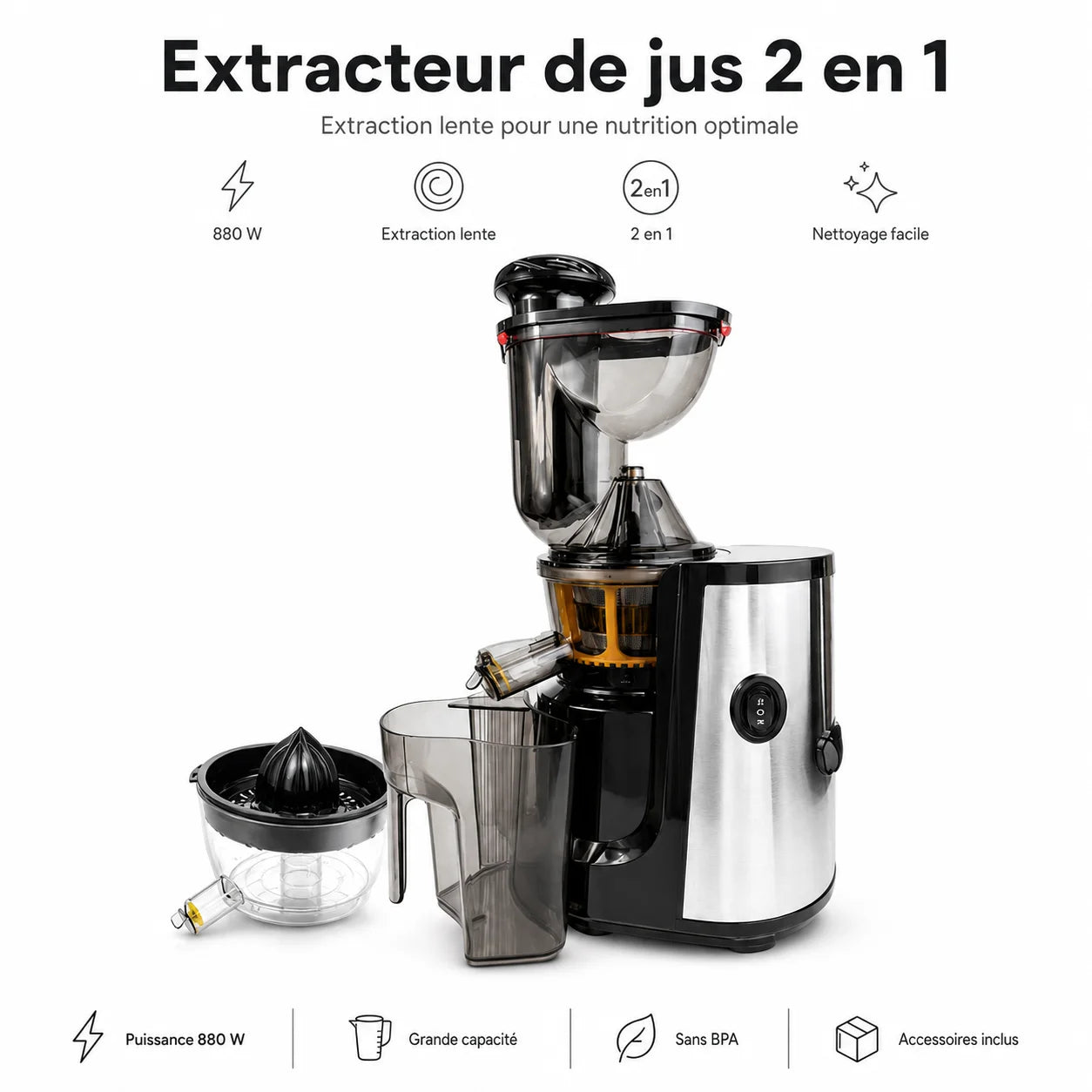 Extracteur de Jus Lent HIBO 2 en 1 880W – Slow Juicer & Presse-Agrumes Multifonction