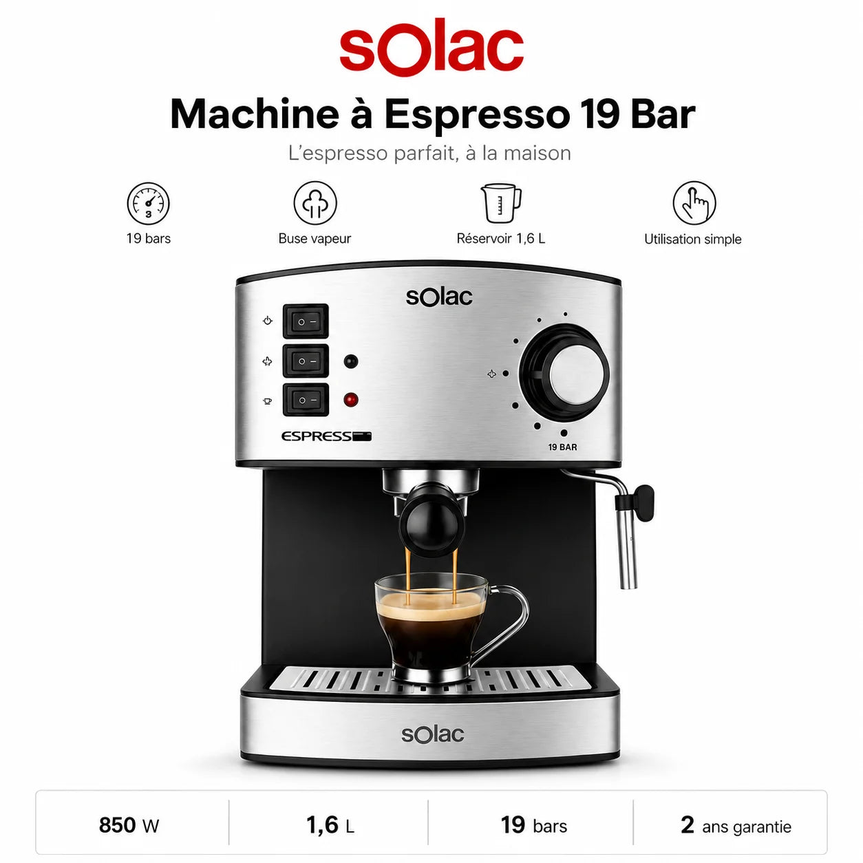 Machine Expresso Solac 19 Bars – Cafetière Expresso avec Buse Vapeur et Réservoir 1,6L