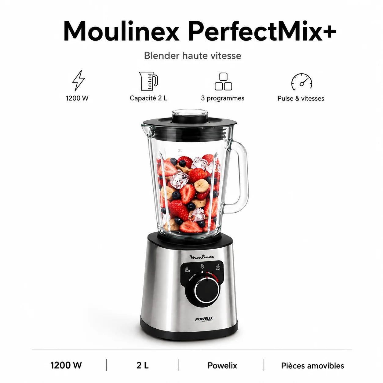 Blender Moulinex PerfectMix+ 1200W – Mixeur Haute Performance 2L avec Programmes Automatiques