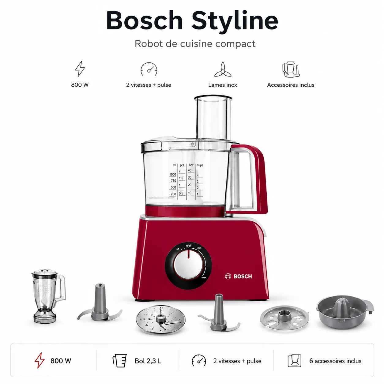Robot de Cuisine Bosch Styline 800W Multifonction – Mixeur, Pétrin, Râpe & Presse-Agrumes