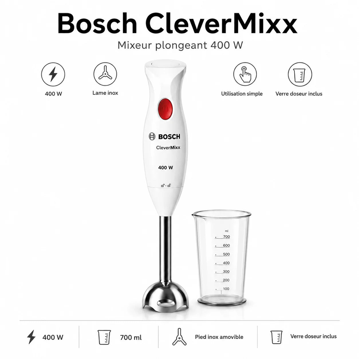 Bosch CleverMixx 400W – Mixeur Plongeant avec Verre Doseur 700 ml