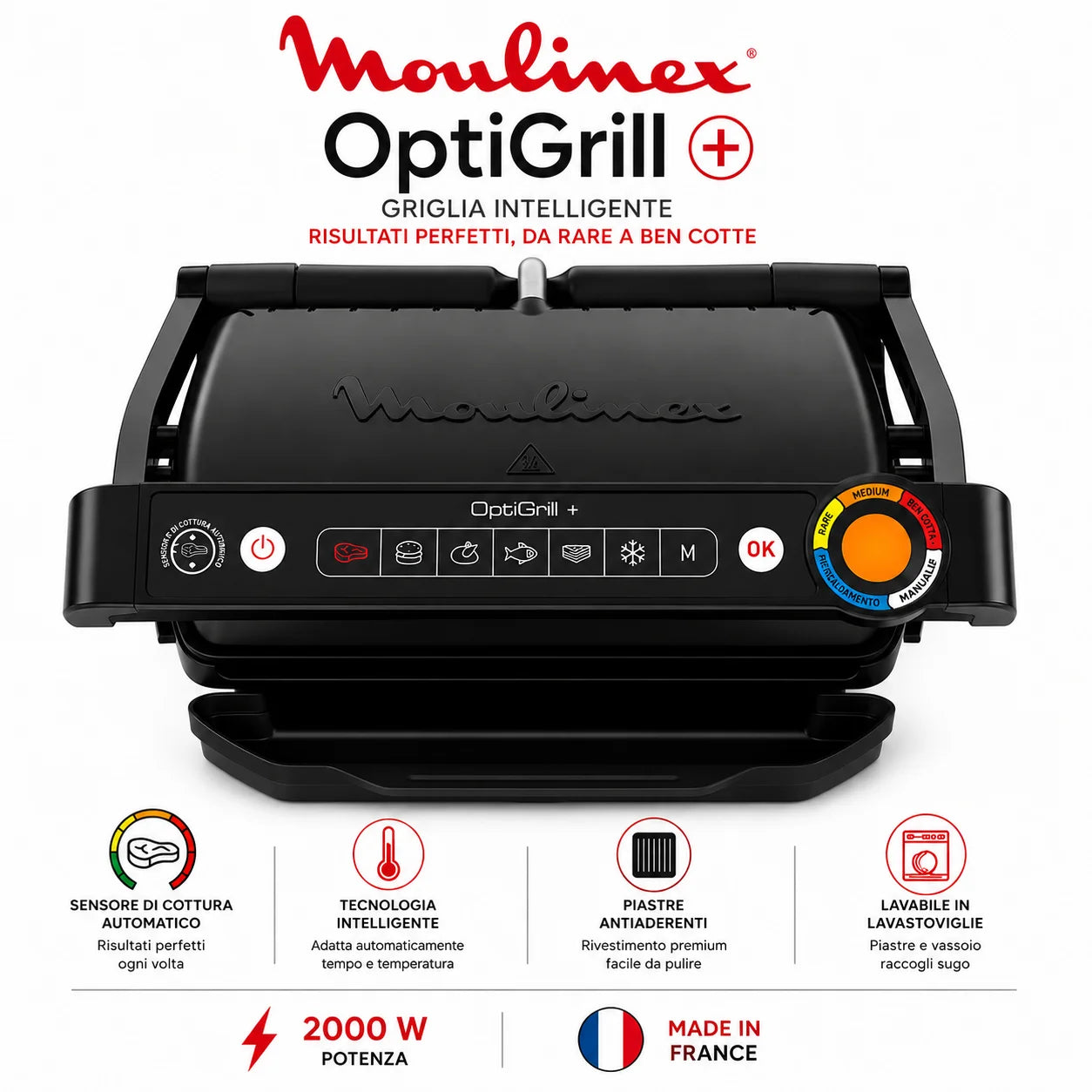 Moulinex OptiGrill+ – Grill Intelligent Électrique avec Cuisson Automatique de Viande