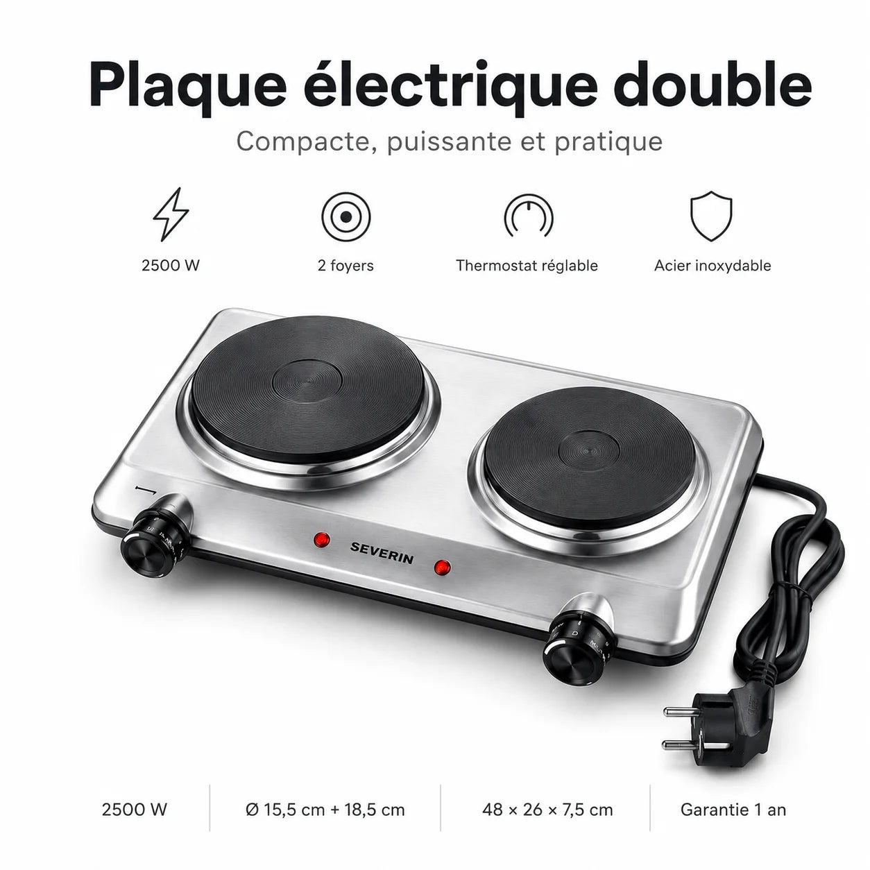 Plaque Électrique Double Severin 2500W – Réchaud Électrique 2 Foyers Inox