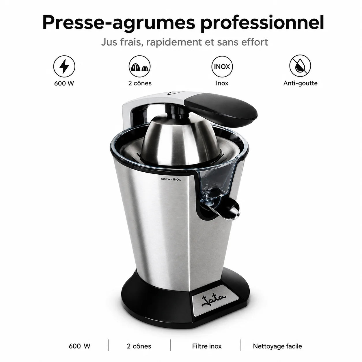 Presse-Agrumes Électrique Professionnel TATA 600W Inox – Extracteur de Jus Automatique