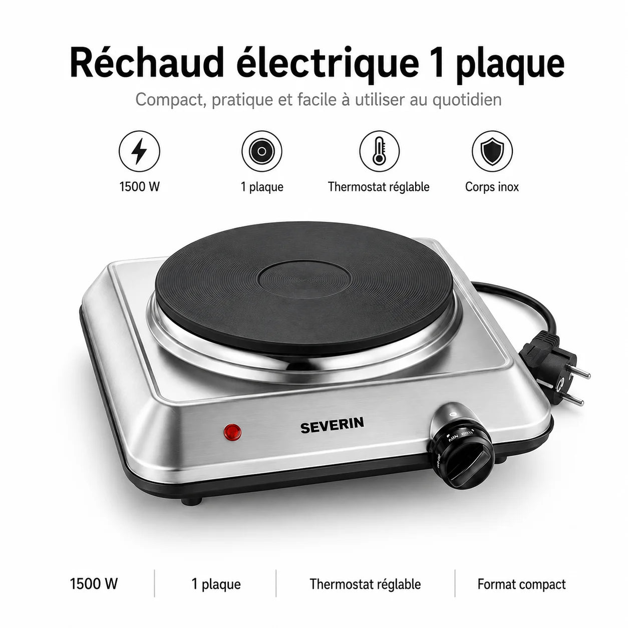 Réchaud Électrique Severin 1 Plaque 1500W – Plaque Chauffante Inox Compacte