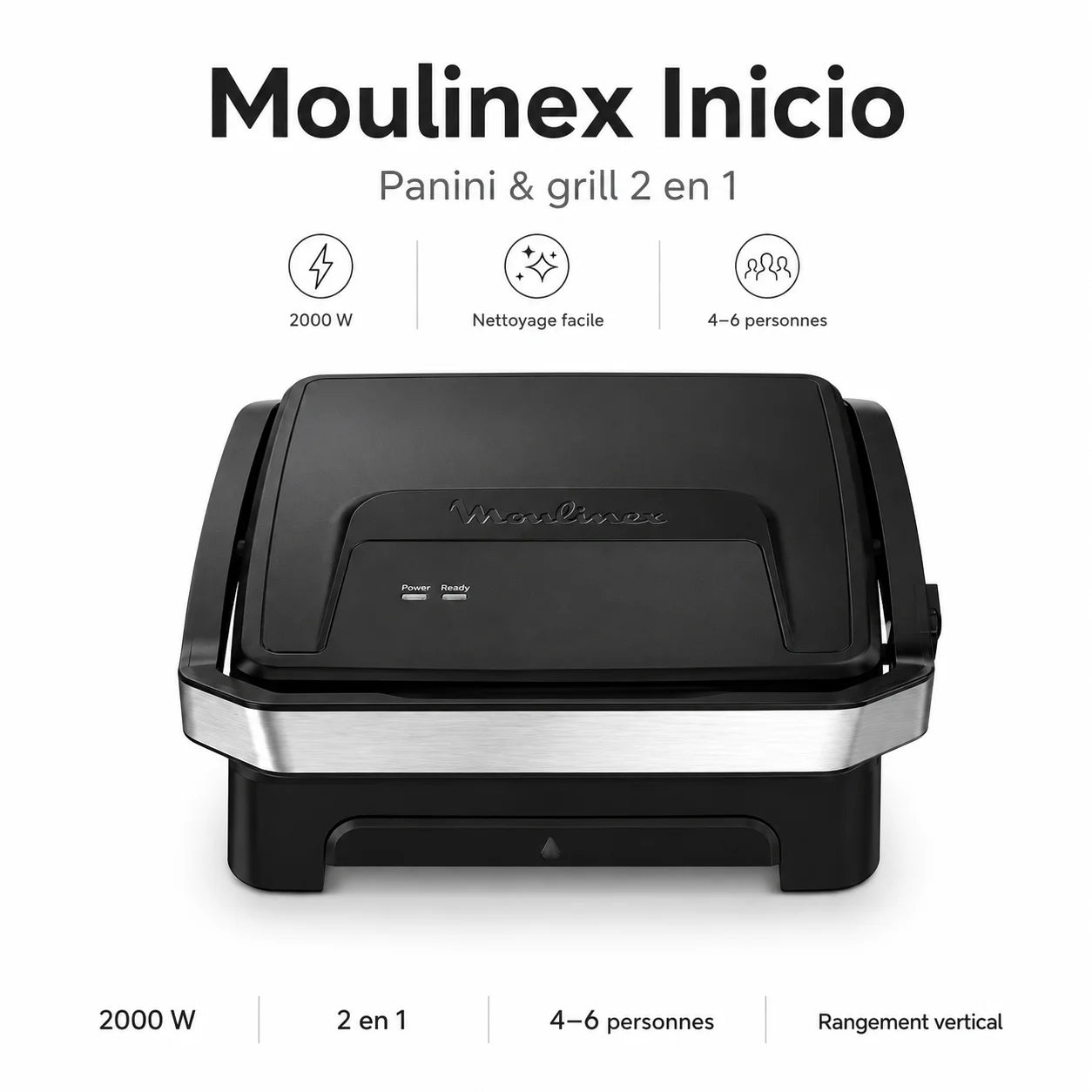 Moulinex Inicio 2 en 1 Panini & Grill 2000W – Appareil à Panini et Grill Multifonction