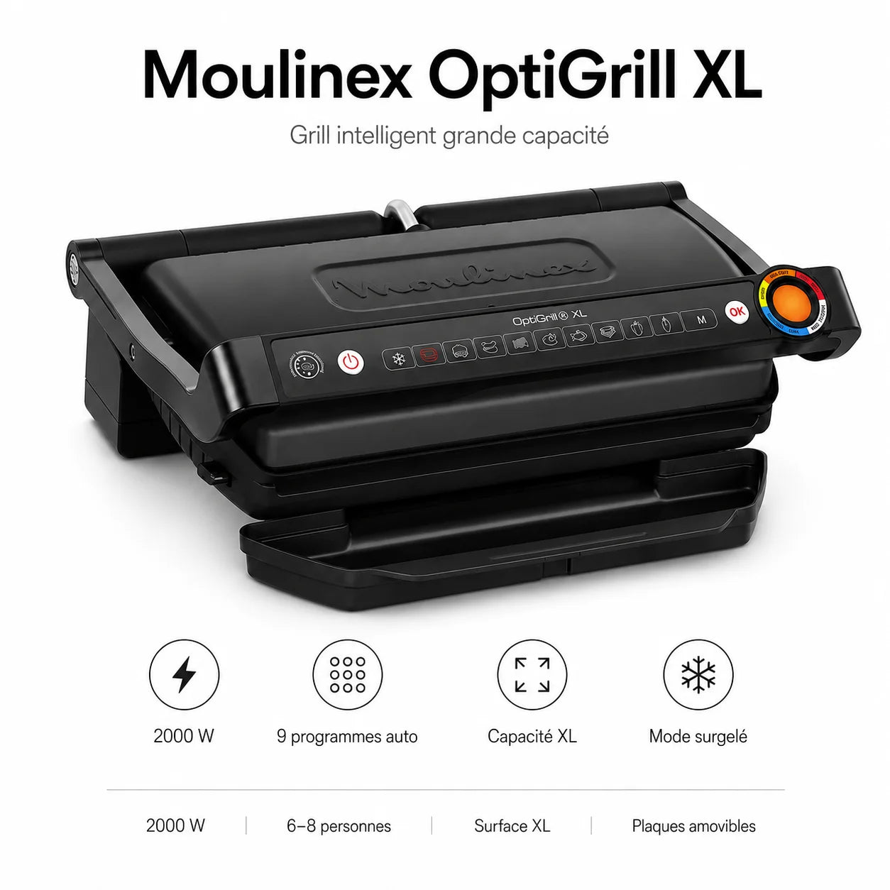 Moulinex OptiGrill+ XL 2000W – Grill Intelligent XL 9 Programmes Automatiques pour 6 à 8 Personnes