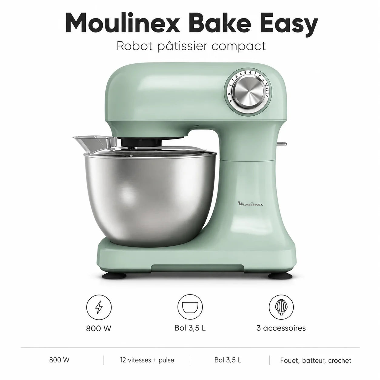 Robot Pâtissier Moulinex Bake Easy 800W – Batteur Multifonction avec Bol Inox 3,5L