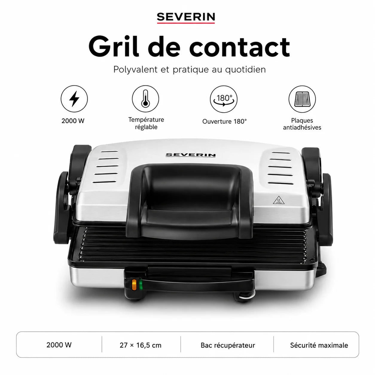 Grill de Contact Severin 1800W – Grill Panini & Barbecue Électrique Ouverture 180°