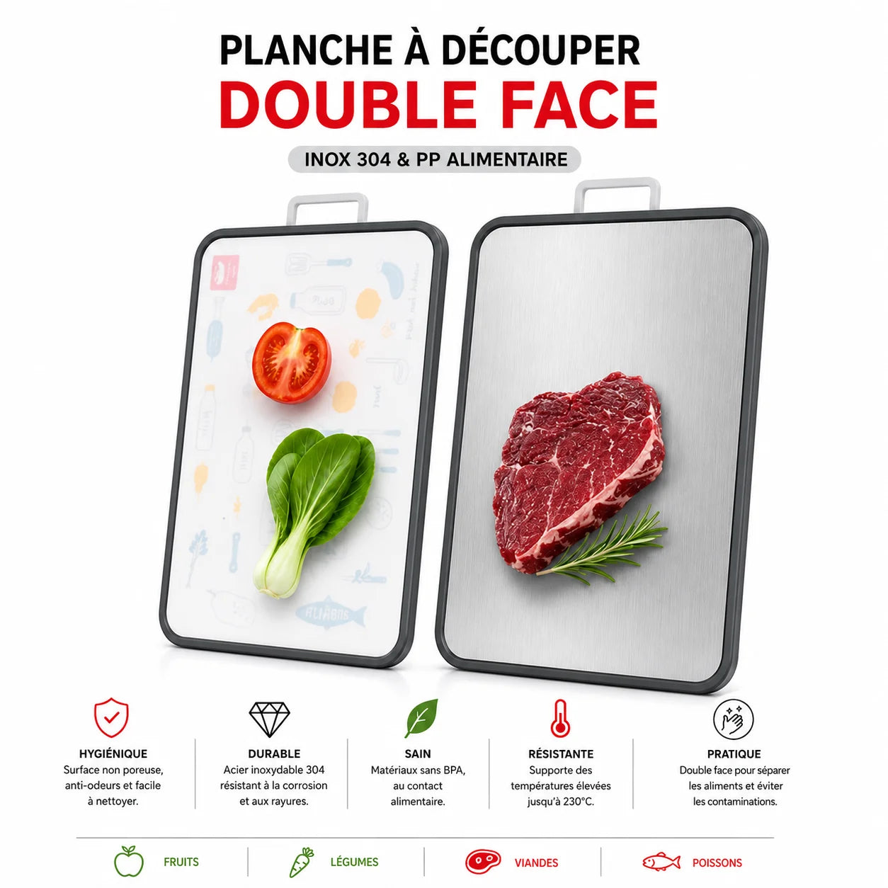 Planche à Découper Double Face Inox 304 & PP Alimentaire – Planche Hygiénique Réversible pour Cuisine