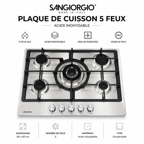 Plaque de Cuisson Encastrable SANGIORGIO 5 Feux Gaz 65×50 cm – Acier Inoxydable Made in Italy