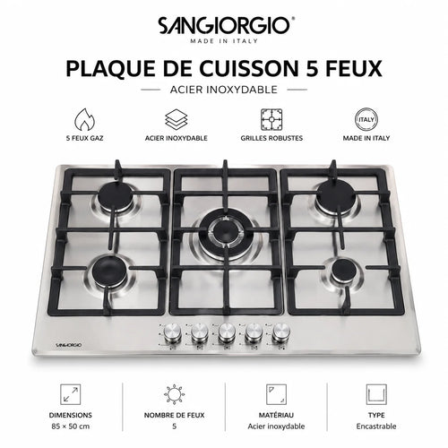 Plaque de Cuisson Encastrable SANGIORGIO 5 Feux Gaz 85×50 cm – Acier Inoxydable Made in Italy