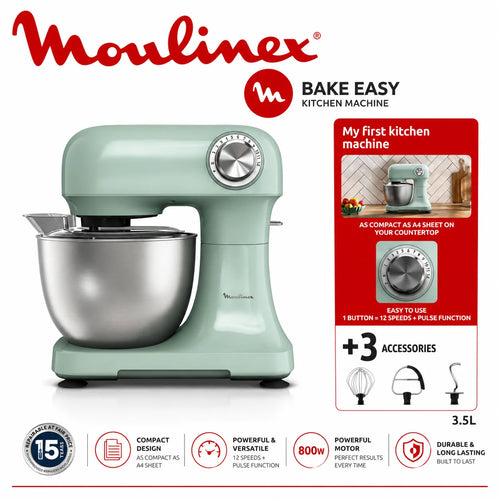 Robot Pâtissier Moulinex Bake Easy 800W – Batteur Multifonction avec Bol Inox 3,5L