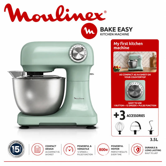 Robot Pâtissier Moulinex Bake Easy 800W – Batteur Multifonction avec Bol Inox 3,5L