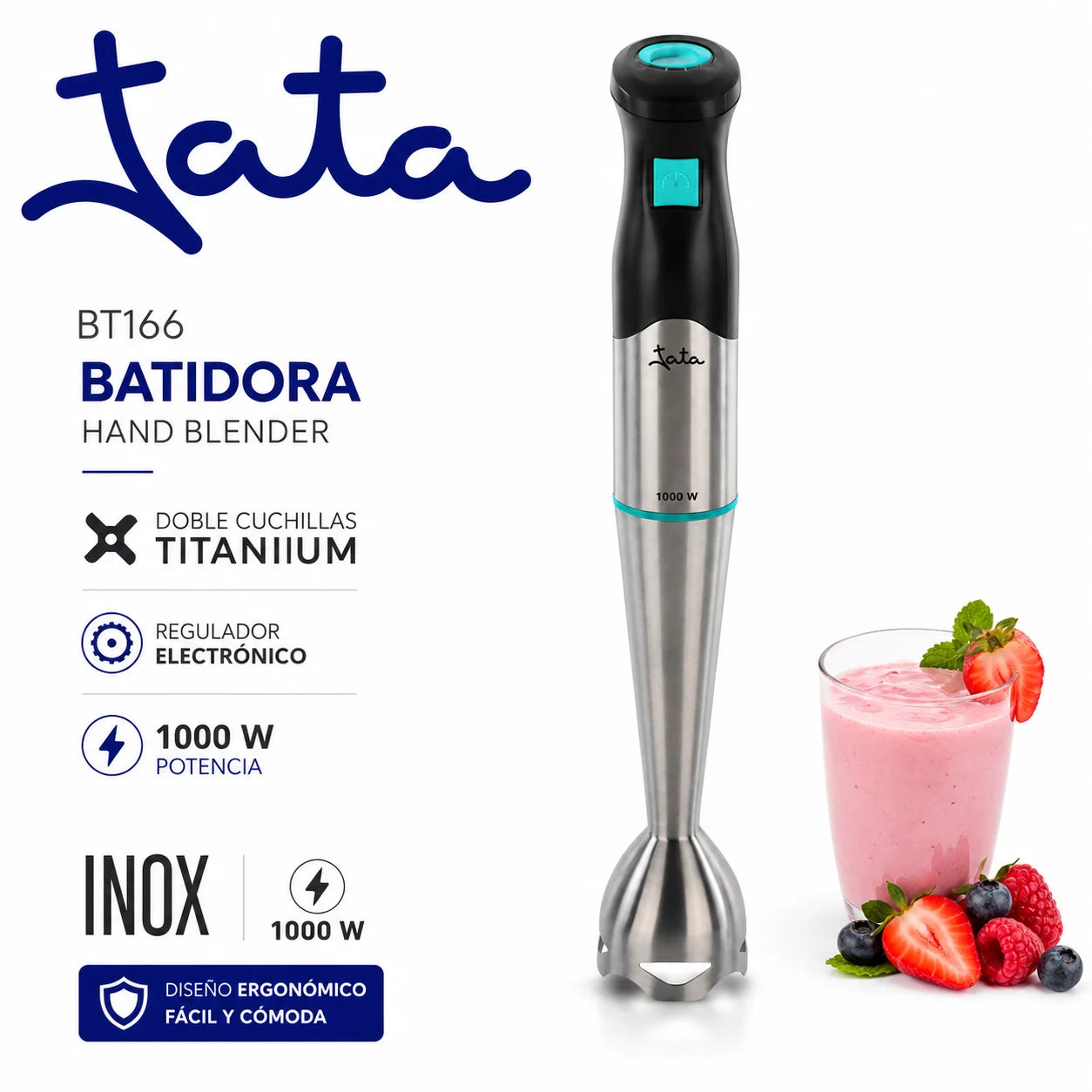 Mixeur Plongeant TATA BT166 1000W Inox – Blender à Main avec Lames Titane