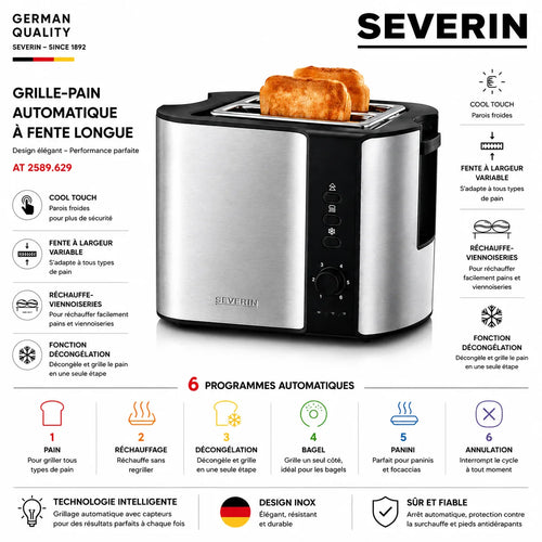 Grille-Pain Severin Automatique Inox – Toaster Fente Longue avec 6 Programmes Intelligents