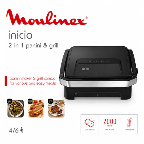 Moulinex Inicio 2 en 1 Panini & Grill 2000W – Appareil à Panini et Grill Multifonction