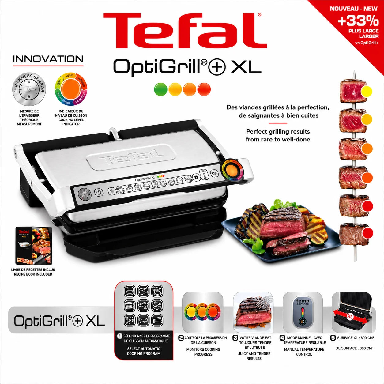 Tefal OptiGrill+ XL 2000W – Grill Intelligent XL avec 9 Programmes Automatiques et Capteur de Cuisson