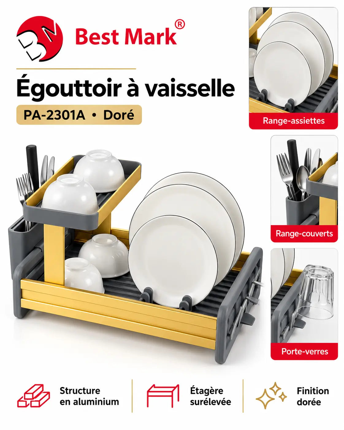 Best Mark PA-2301A – Égouttoir à Vaisselle 2 Niveaux en Aluminium Doré – Range-Assiettes, Porte-Couverts et Porte-Verres
