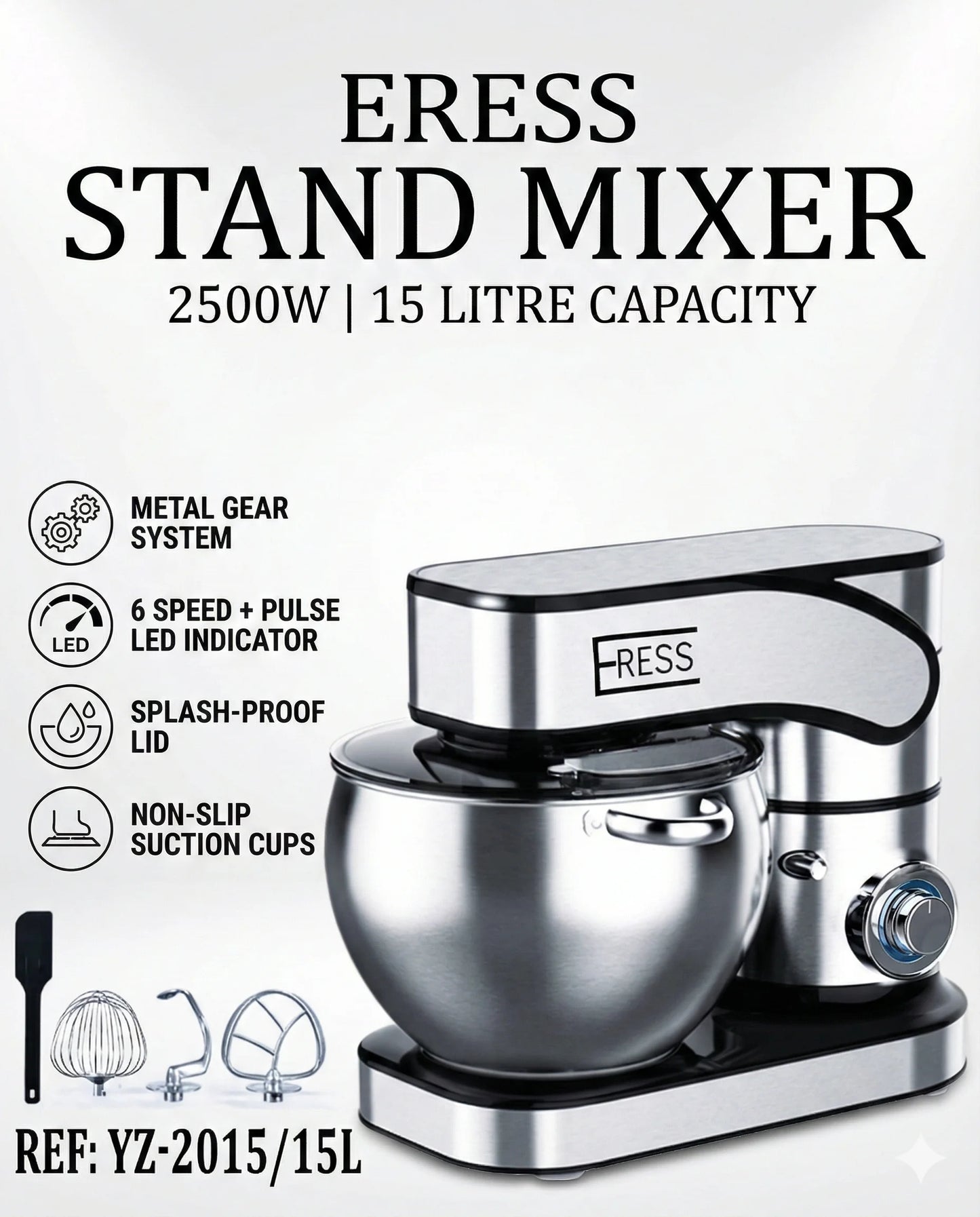 Robot Pâtissier ERESS 2500W – Bol Inox 15L – 6 Vitesses + Pulse